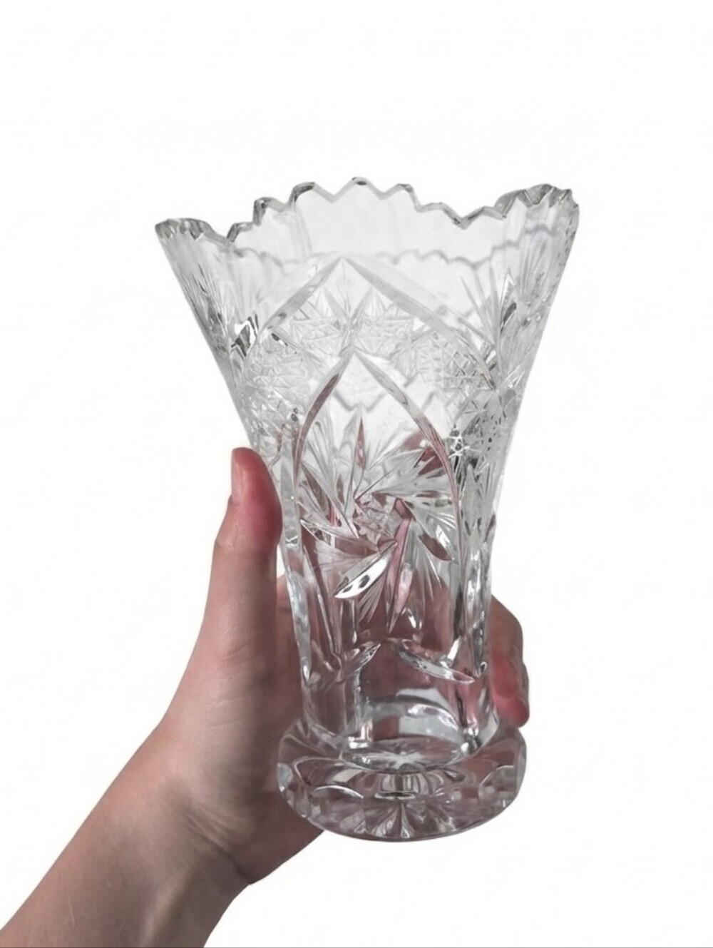 Crystal Vase: Bohemian Floral Cut Glass, Crown Top Design